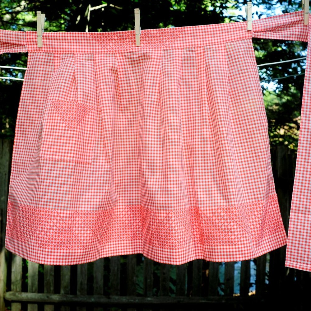 Vtg Orange Gingham Check Embroidered Hostess Apron